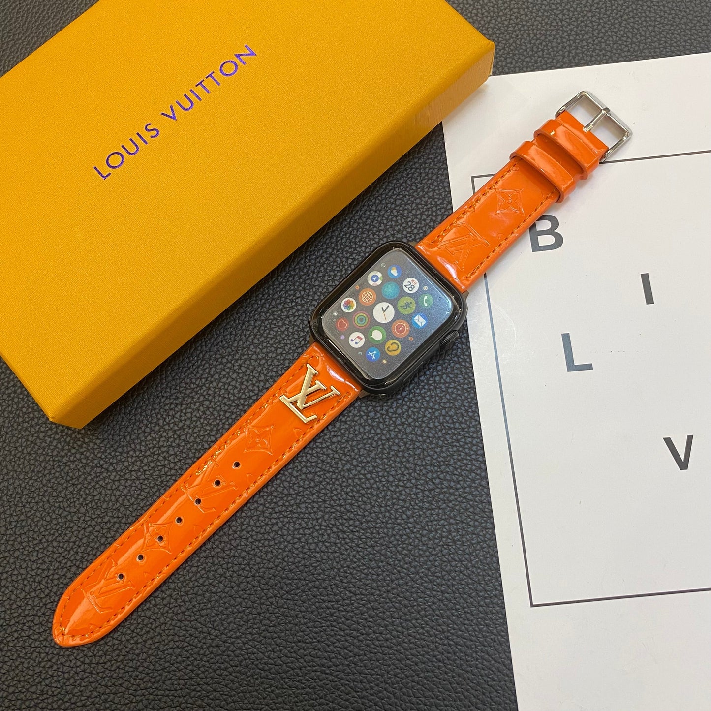 GLOSSY LEATHER APPLE WATCH STRAP LUXURY METAL LOGO